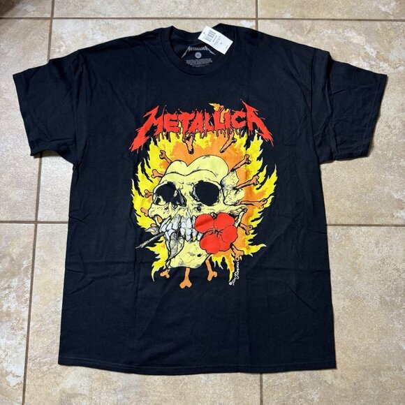 Metallica Flaming Skull & Flower Puff Paint X-LARGE T-Shirt New Hot Topic - Picture 1 of 6